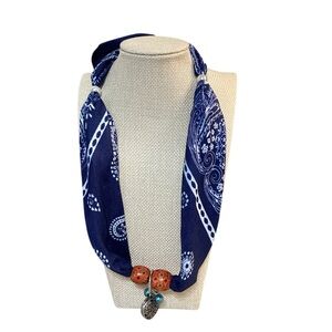 (#154) Navy Bandana-Print Scarf Necklace with Bead & Heart Charm Accent
